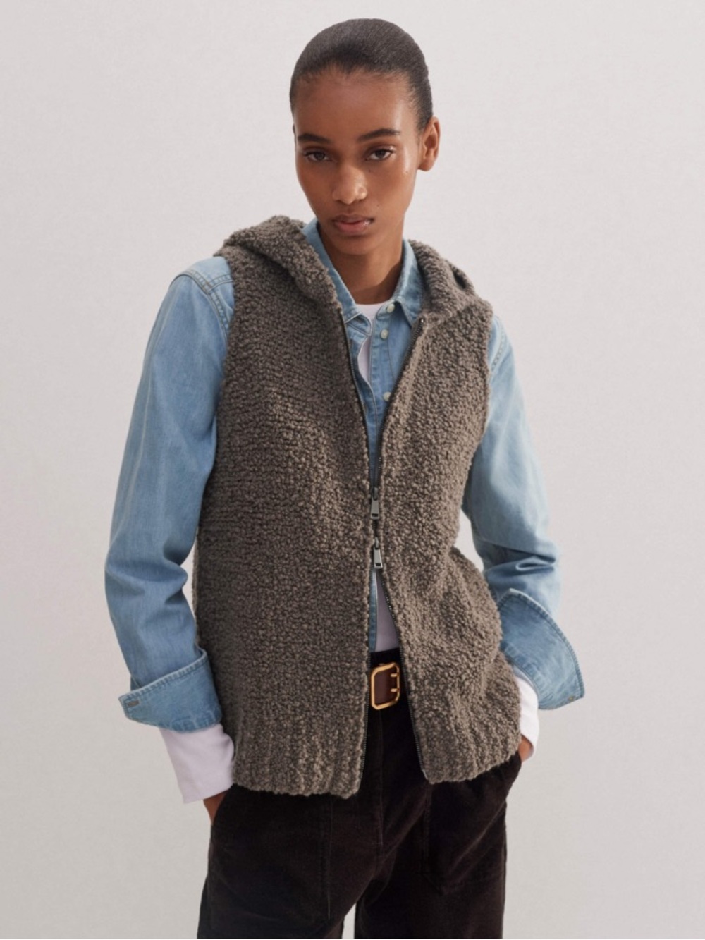 ME+EM Hoody Vest Teddy Merino Boucle Sleeveless Full Zip in Mocha Brown